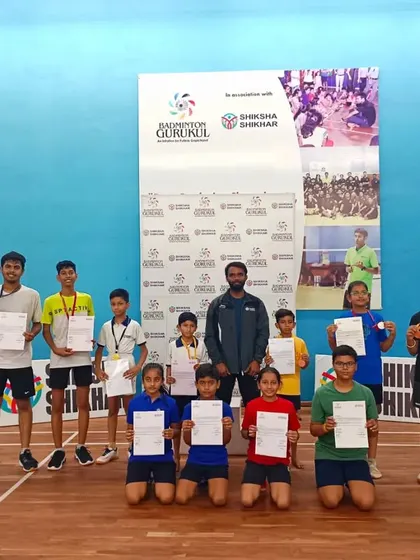 Photos from our successful summer camp and tournament at Shiksha Shikhar, showing students on the podium and in groups.