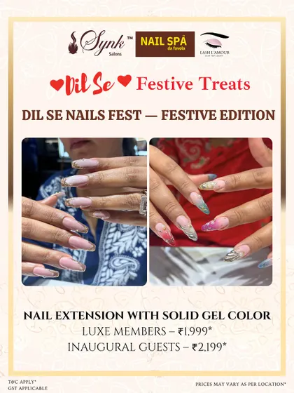 A festive offer for nail extensions with solid gel color. The image showcases two examples of long, artistic extensions, perfect for making a statement during the holidays.