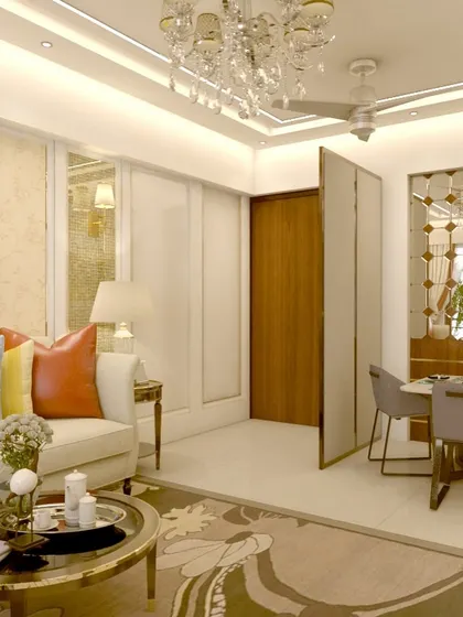A wider view of the luxurious living room 3D concept, showing the connection to the dining area. The mirrored partition and crystal chandelier are key elements of this opulent design.