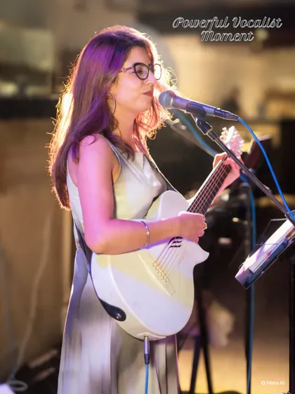 I'm singing into the stand microphone with my guitar, in a closer view with purple light across the stage.