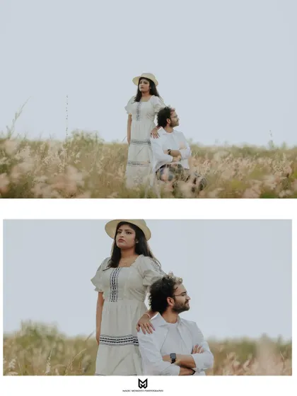 A pre-wedding portrait of Ankita and Rajat in a field of tall grass. The composition creates a sense of quiet intimacy and connection with nature.