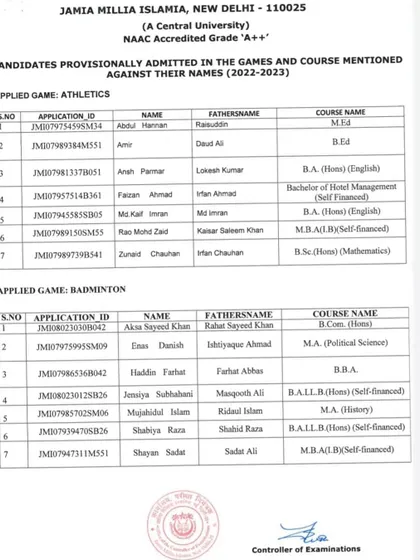 The 2022-23 admission list for Athletics and Badminton. It showcases the breadth of sports recognized under the quota and the corresponding courses like M.Ed and B.A.LL.B (Hons).