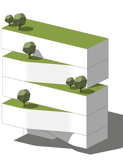 A 3d massing model of scheme 2, showing the curved subtractions from the stacked blocks.