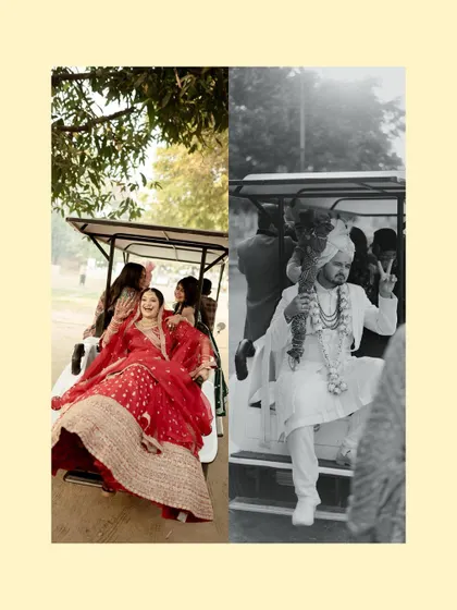 A fun and quirky diptych from the wedding day. It shows the bride enjoying a ride on a golf cart and the groom being playfully carried, capturing the lighthearted moments of the celebration.