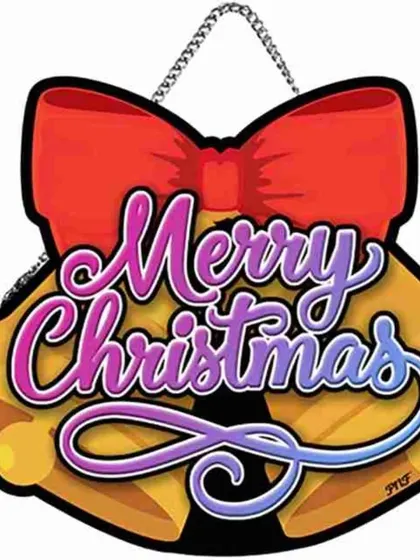 Another style of "Merry Christmas" hanging sign, this one featuring a more colorful and modern design with a large red bow.