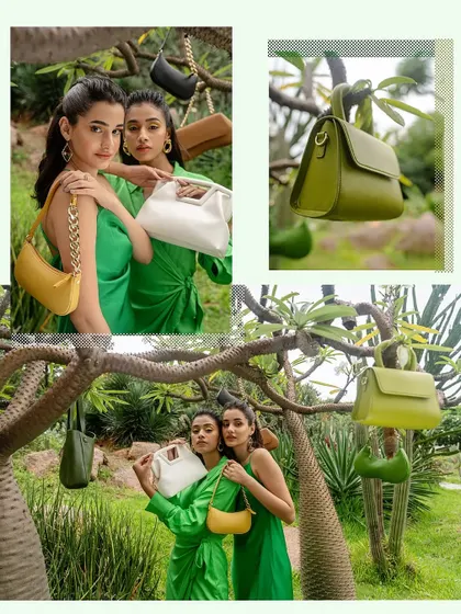 A collage from the Sarjaa campaign, showing a variety of shots. It includes model portraits, product close-ups, and wider shots of the bags in a natural setting, offering a complete campaign overview.