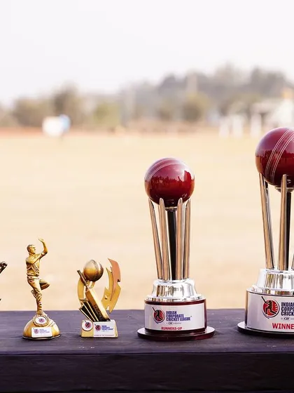 A duplicate shot of the various trophies for the corporate cricket league.