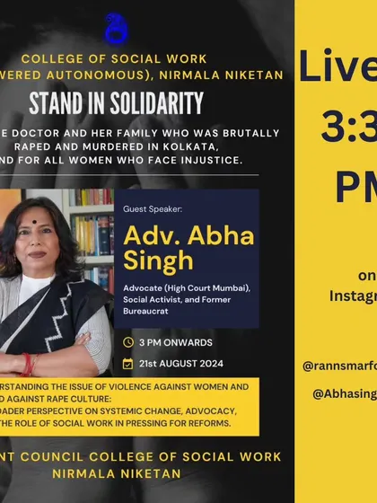 A poster for my live session on Instagram with Rann Samar Foundation, where we discussed the rising crime against women in India and the steps we can take to tackle it.