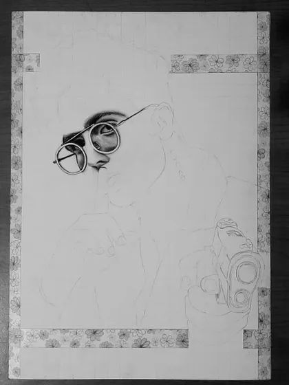The 90-hour process behind my photorealistic pencil drawing of Harrdy Sandhu. Notice the detail in the sunglasses reflection and the texture of the shirt.