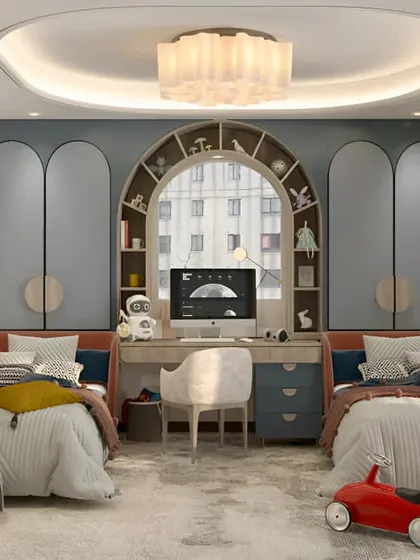 A repeat of a beautiful and elegant twin bedroom design, showcasing the arched shelving and shared desk.
