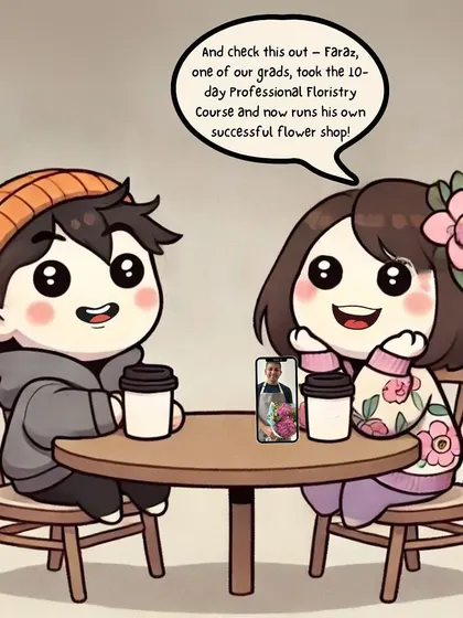 This comic highlights a real success story. Faraz, one of my graduates, took the 10-day Professional Floristry Course and now runs his own successful flower shop. This is the power of practical, business-focused training.