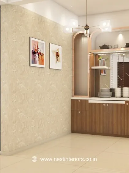 This 3D concept shows a bar and crockery unit next to a traditional swing. The design uses mirrors and internal lighting to create a stylish and functional corner for entertaining.