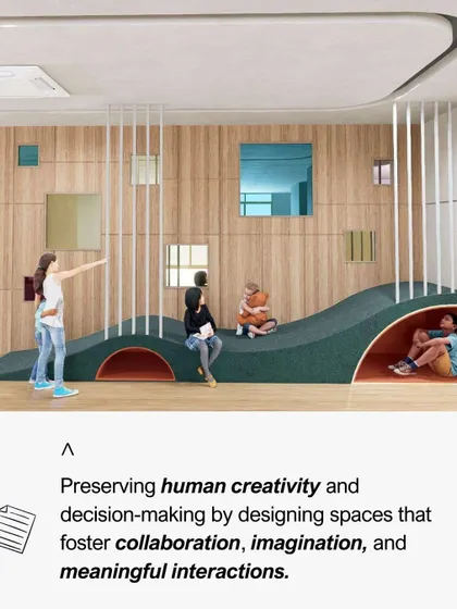 This image highlights our focus on preserving human creativity by designing spaces that foster collaboration, imagination, and meaningful interactions, even as technology advances.