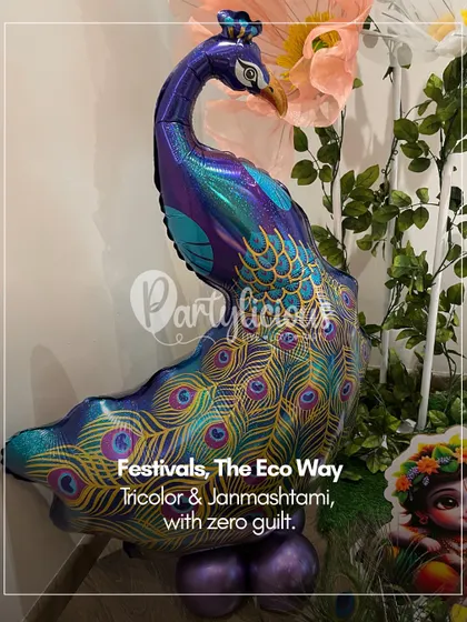 Celebrating festivals the eco-friendly way is my passion. This stunning peacock balloon, perfect for Janmashtami, is paired with other sustainable elements to ensure your celebration has zero guilt and maximum style.