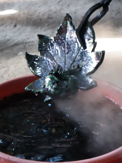 The moment of transformation. A Raku-fired leaf, glowing with an iridescent sheen, is quenched in water. This rapid cooling helps set the colors and crackle patterns.