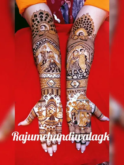 A complete wedding story, this design features the doli ceremony, bride and groom portraits, and other traditional motifs, covering the hands from fingertips to elbows.