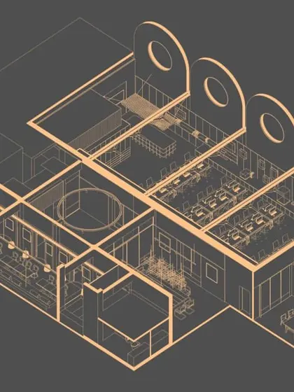 An isometric drawing of the ADND SILO office, revealing the complex, multi-layered interior within the restored industrial shell.