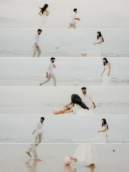 A film strip-style collage of the couple playing with a ball on the beach. It tells a sequential story of their playful interaction, ending in a loving embrace.