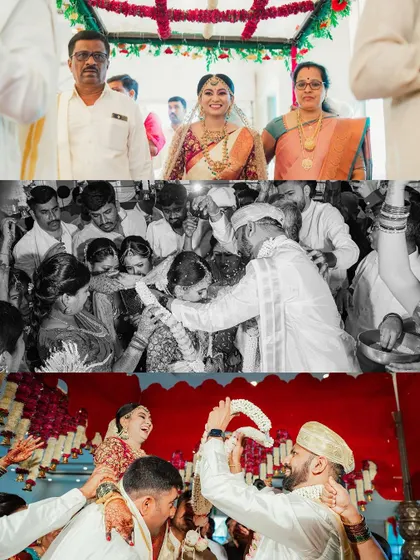 A collage capturing the grandeur and emotion of the wedding day, from the bride's entrance to the blessings from family.