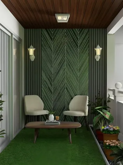 A minimalist design for a narrow balcony. The focus here is the stunning feature wall with a leaf-patterned design, flanked by simple wall sconces. The clean lines of the chairs and coffee table complete the elegant, uncluttered look.