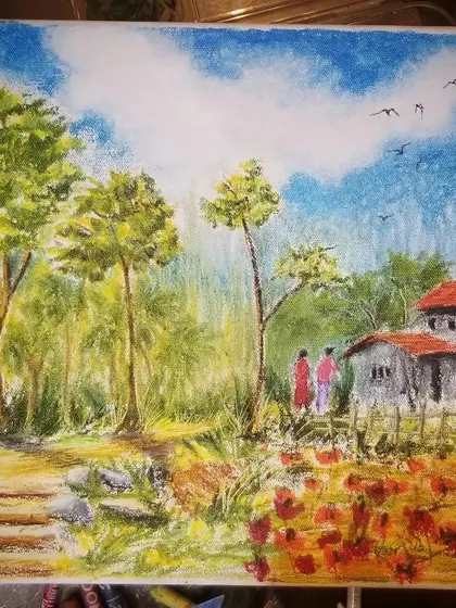 A beautiful landscape painting on canvas created with oil pastels. This shows how you can achieve a soft, painterly effect by blending the pastels to create fields, trees, and a cloudy sky.
