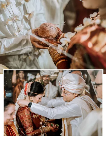 A collage of close-up shots of wedding rituals, focusing on the hands and the sacred offerings.