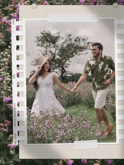 A creative film-strip edit of the couple in the flower field, perfect for a save-the-date.