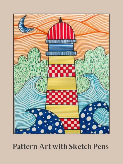 A creative take on pattern art using sketch pens. This lighthouse drawing is filled with interesting lines, dots, and checks, making it a visually engaging piece.