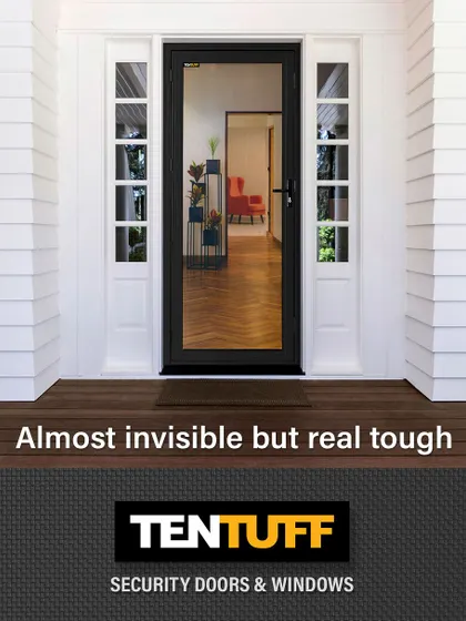 "Almost invisible but real tough." This image perfectly captures our core philosophy. The door blends into the entrance, offering an unobstructed view, yet its POLYTENSILE® steel mesh provides a powerful, unseen shield for your home.