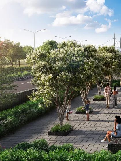 A rendering of a landscaped public seating area adjacent to a commercial development, showing how people can interact with the space.