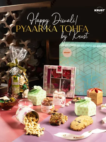 Our festive Diwali gift hampers, beautifully arranged to show the variety of gourmet treats available. This highlights our ability to cater to special occasions with elegant and thoughtful gifting solutions.