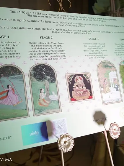 We created this custom sign to explain the beautiful story and symbolism behind the "Bangle Sellers" poem for a half-saree function, adding a meaningful layer for guests.