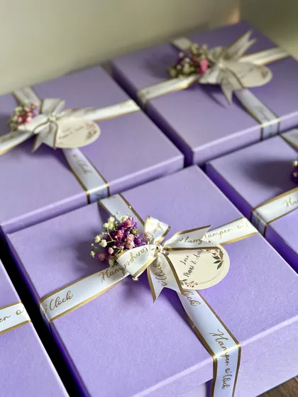 These elegant lavender boxes are perfect for baby shower or first birthday return favors. They are a budget-friendly yet beautiful way to thank your guests.