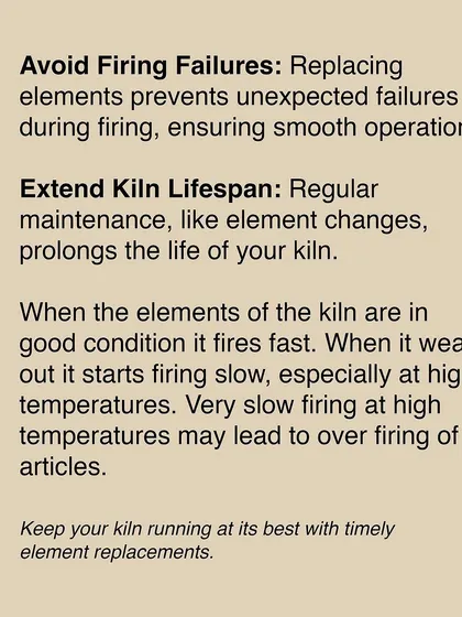 Replacing your kiln elements helps avoid unexpected firing failures and extends the lifespan of your kiln. It also ensures faster firing times, which can prevent over firing of your pieces.