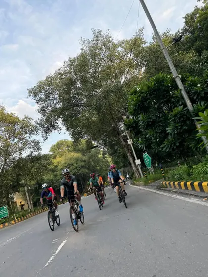 A shot of the group riding together on a tree-lined road.