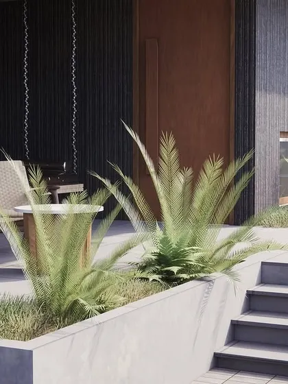 **Upcoming Residence, Ahmedabad:** A render of a shaded verandah space. This transitional area between inside and outside is a key part of our designs, providing a comfortable place to enjoy the climate and view.