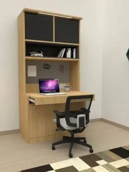A simple and effective study unit with a built-in desk and overhead storage. A modern floor lamp and hexagonal wall shelves add a stylish touch.