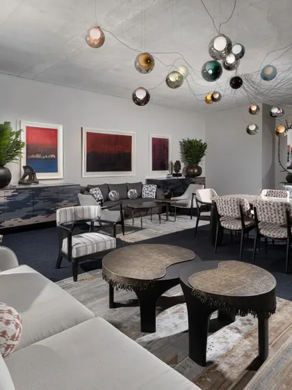 An overview of the India Art Fair VIP Lounge, showing the different seating and dining zones we created. The entire space was a showcase of our Koko furniture, curated art, and collaborations with top textile and lighting brands.