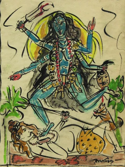 From my archives, this is a powerful watercolour and ink depiction of 'Kali' by Ramkinkar Baij, a key figure of the Bengal School of Art. His energetic and raw style brings a formidable presence to the goddess, making it a significant piece of modern Indian art.
