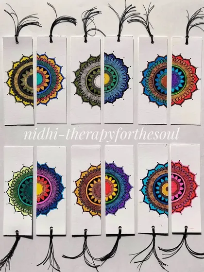 Pairs of split-mandala bookmarks, where two bookmarks complete a single mandala design.
