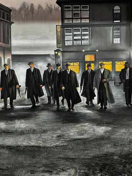 I also enjoy painting themes from popular culture. This detailed mural captures the entire cast of Peaky Blinders, focusing on the moody atmosphere and character details to create a powerful statement piece for a fan's personal space.