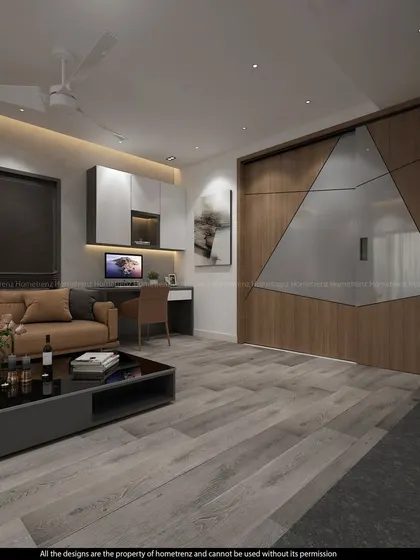 A multi-functional living space that includes a home theatre setup, a compact work desk, and a small bar area. The sliding geometric-patterned door is a unique feature that conceals the screen when not in use.
