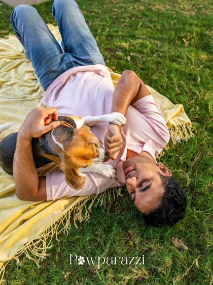 A playful moment between June the Beagle and her dad during their farewell-to-India photoshoot. These candid interactions are what make the memories so special.