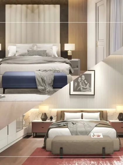 A look at two different bedroom designs, each tailored to the client's taste. One features a tall, dramatic headboard and a bold blue bench, while the other uses warm, neutral tones and integrated lighting for a softer ambiance.