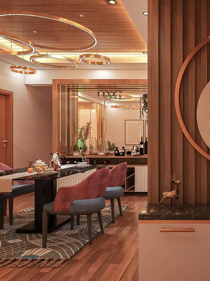 A design concept for a dining area featuring a mix of textures. The wooden fluted walls, marble-top table, and plush pink chairs come together to create a modern and sophisticated space.