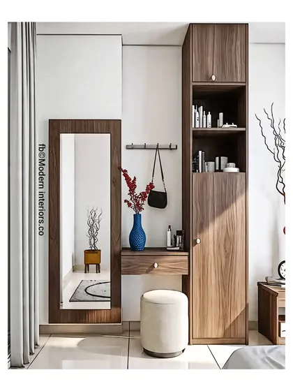 This minimalist dressing unit is both simple and elegant. It features a full-length mirror, a small floating drawer for essentials, and a tall, slim cabinet for additional storage.