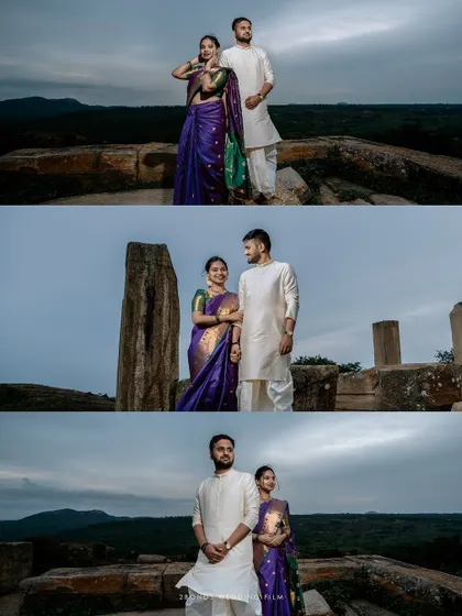A triptych of the couple posing against ancient stone ruins and a dramatic sky, creating a sense of timelessness and epic romance.
