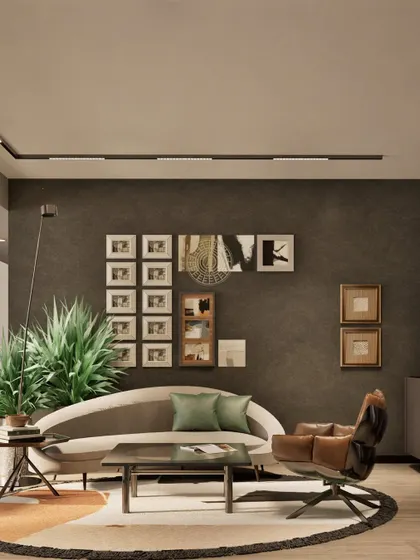 A more formal seating arrangement with a curved sofa and a leather accent chair against a dark, textured wall. The gallery wall adds a personal touch, making the space feel lived-in and unique.