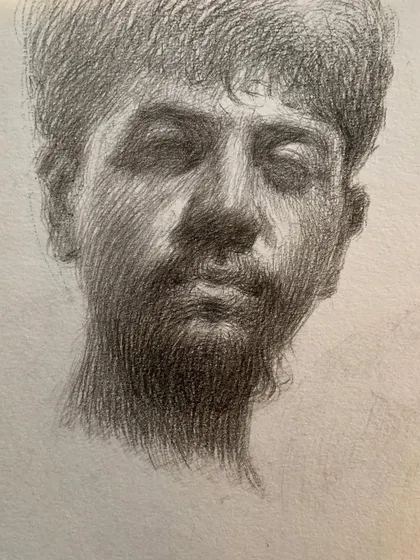 Another pencil self-portrait, this one more tightly rendered. This type of academic drawing is a crucial exercise for maintaining my observational skills.