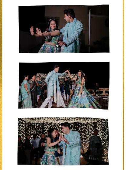 A collage of the couple dancing at their Mehendi event, set against a magical backdrop of fairy lights.